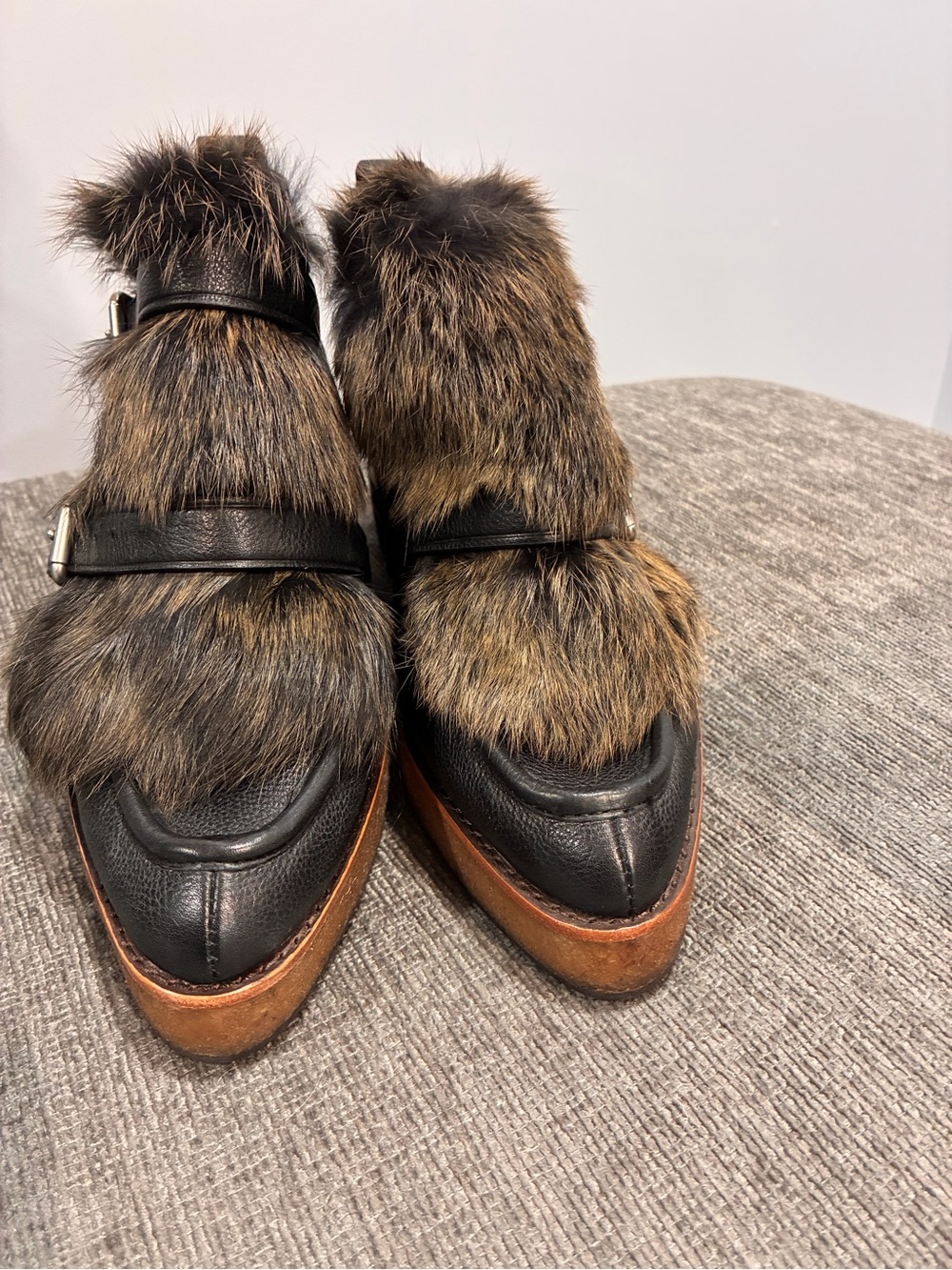 Coach Black Leather Platform Mules with Brown Fur Accent